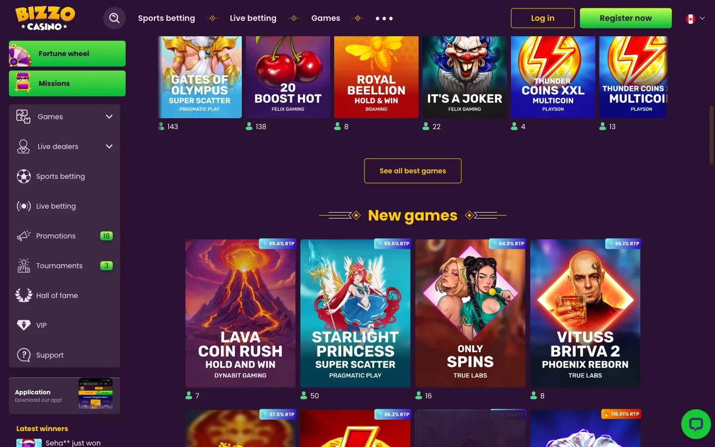 Bizzo Casino slots grid for Canada showing Best games and New games rows with live RTP badges on each tile
