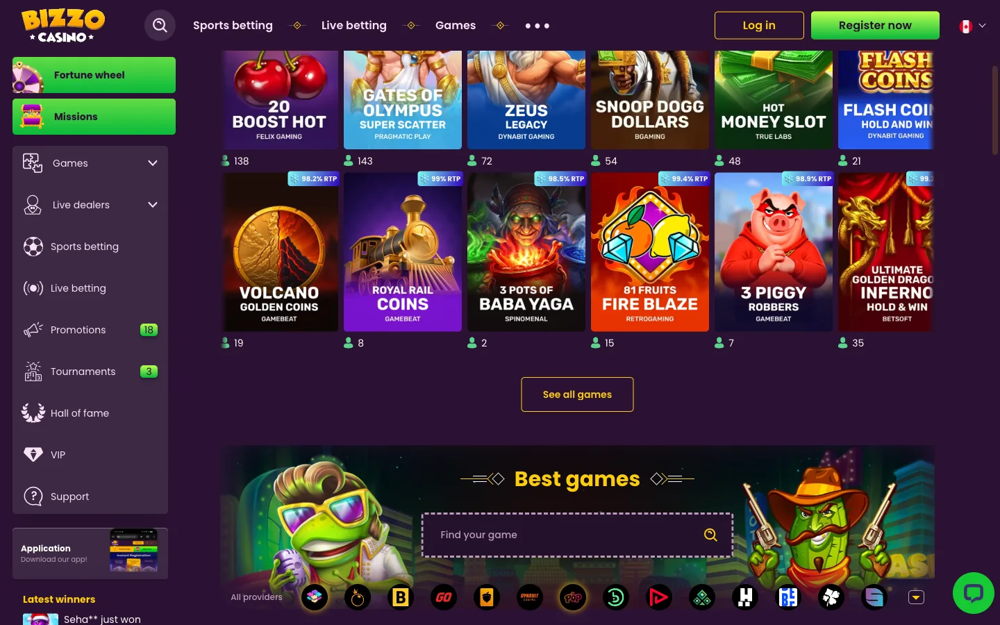 Bizzo Casino slots lobby for Canadian players showing game tiles with live RTP badges and player counts